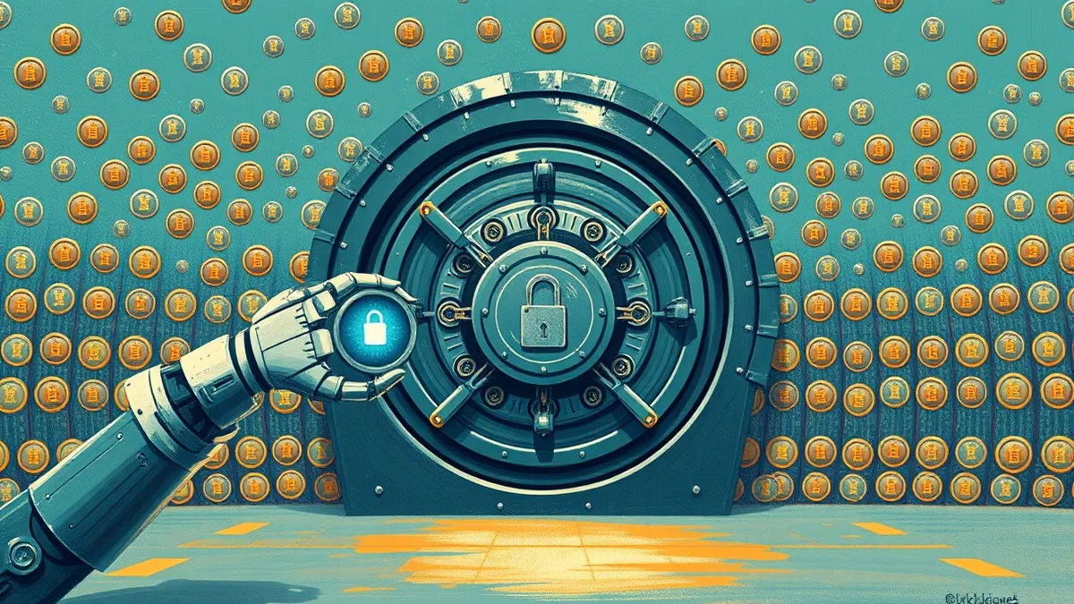 Illustration: A small, sleek robotic arm extends a glowing digital key toward a massive, rotating vault door.