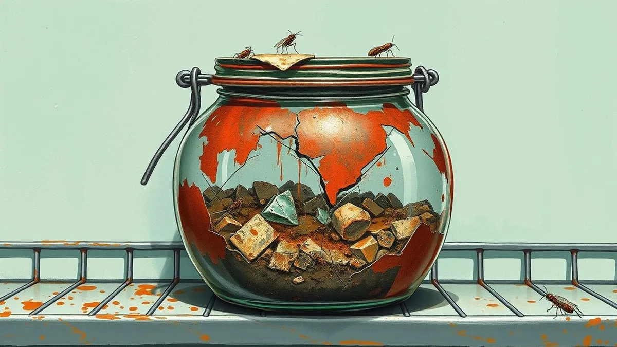 Illustration: A cracked glass jar sits on a metal shelf, revealing layers of dusty sediment and broken glass shards inside.