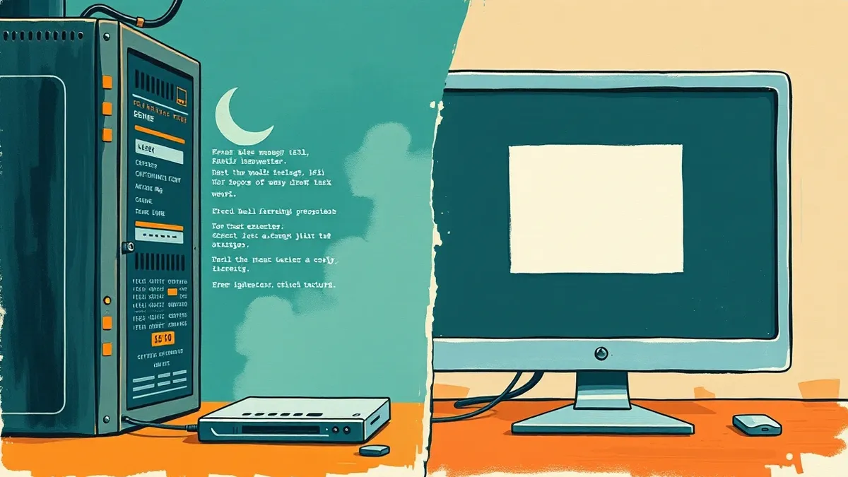 Illustration: A split view shows a dark server console on the left with raw command lines executing, contrasted by a bright browser window on the right displaying an abstract pop-u