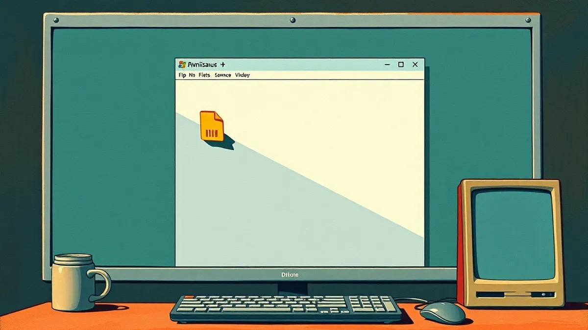 Illustration: A generic Windows application window sits open on a desktop, with a small, unmarked file icon drifting from a shadowed folder into the program’s directory.