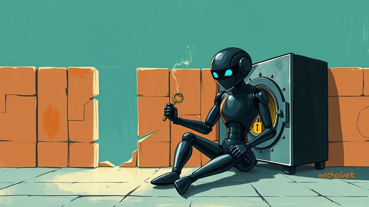 Illustration: A sleek black autonomous security agent robot sits beside a cracked, open digital vault, holding a glowing key that represents a vulnerability exploit.