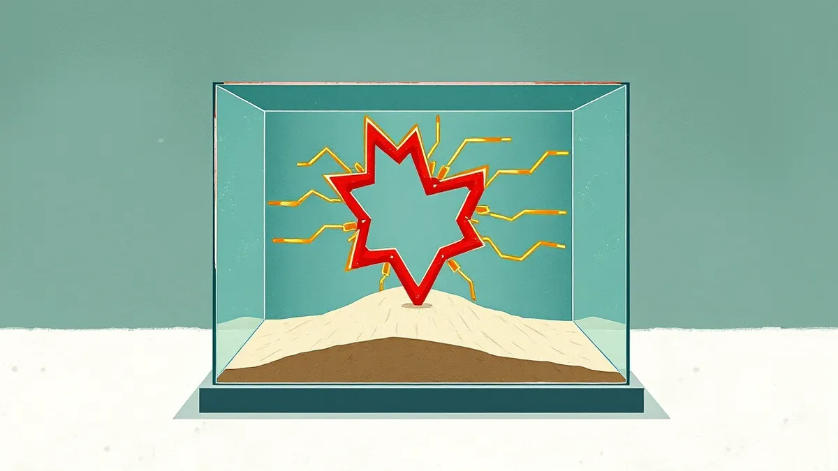 Illustration: A transparent glass sandbox chamber sits on a sterile white surface.