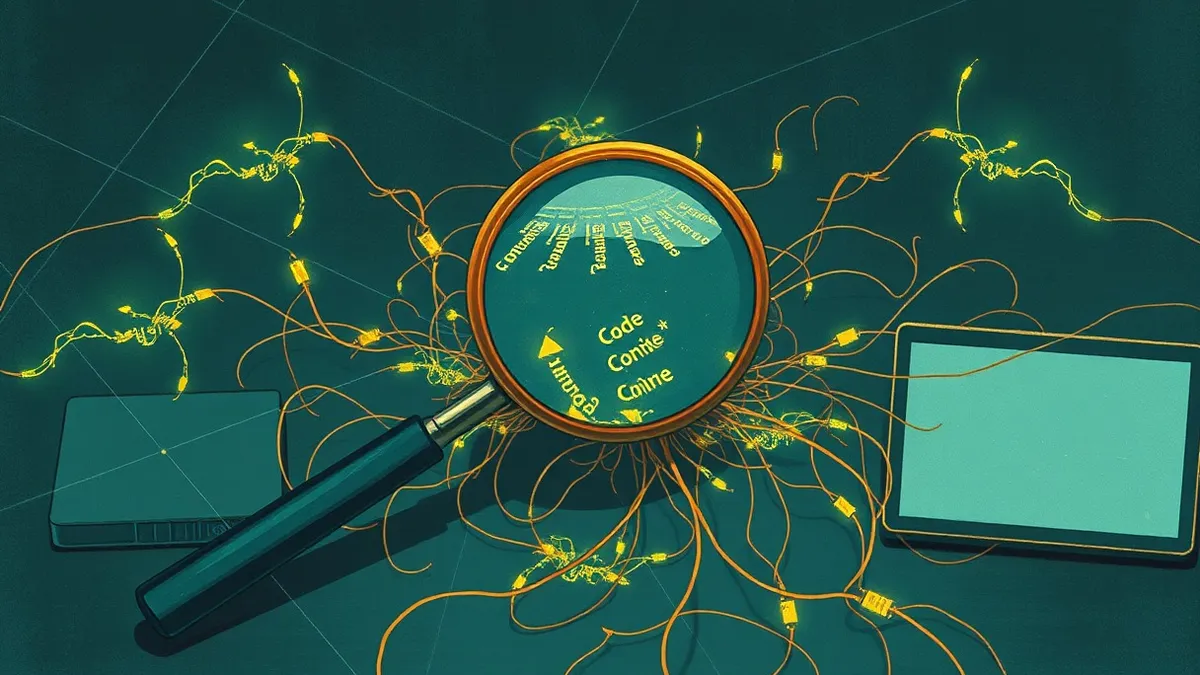Illustration: A magnifying glass hovers over a tangled web of glowing digital threads on a dark surface, highlighting shared code fragments that connect multiple attack paths, reve