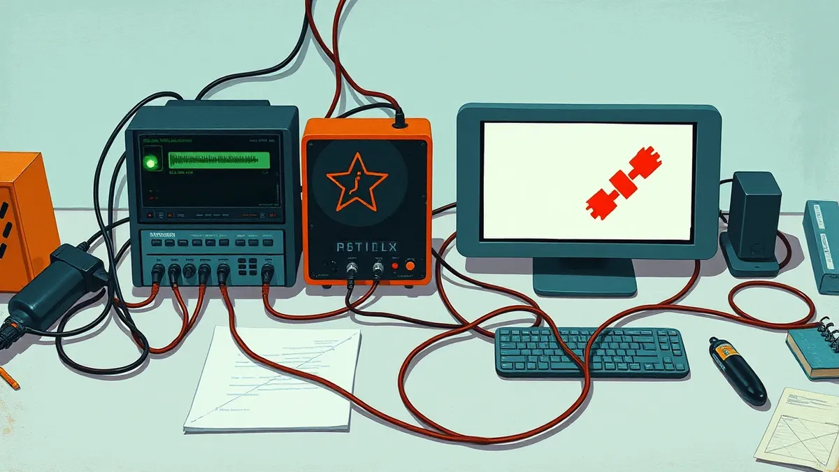 Illustration: A flat-lay of security devices connected by tangled cables sits on a clean desk.