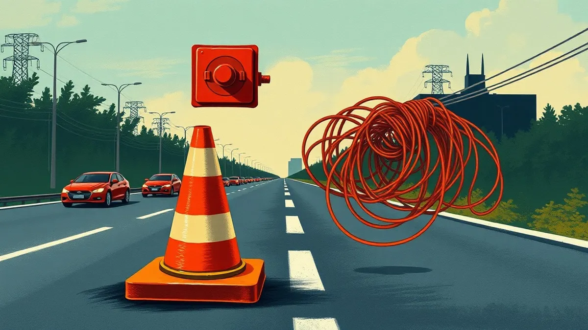 Illustration: A traffic cone sits on an incoming road, slowing a steady stream of red cars.