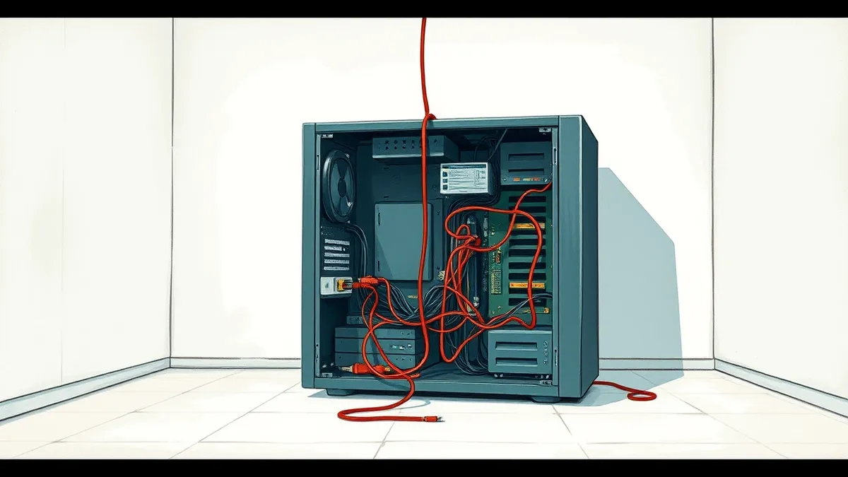 Illustration: A sleek server tower sits open in a sterile white room, its internal circuitry exposed and tangled with loose cables.