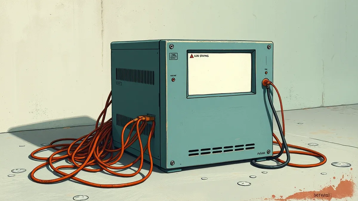 Illustration: A network firewall appliance sits on a concrete floor with tangled cables trailing from its rear.