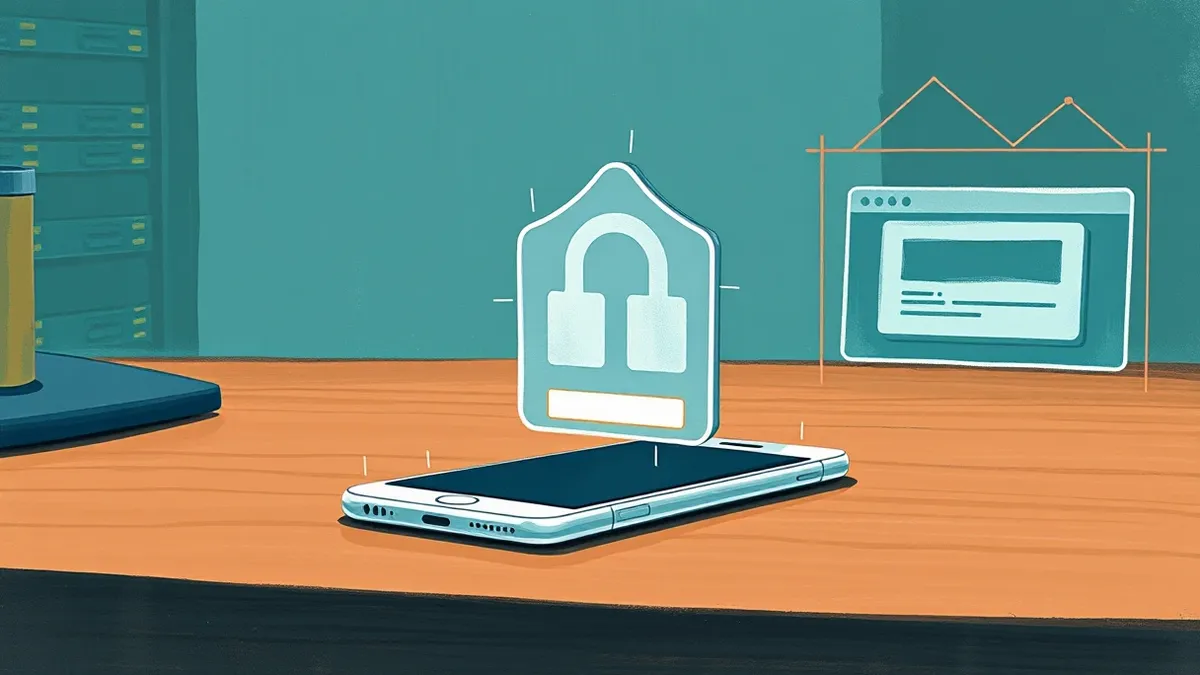 Illustration: A sleek white smartphone sits on a wooden desk, its screen displaying a simple login prompt with two blank fields.