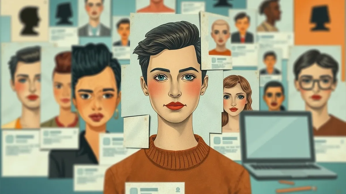 Illustration: A blurred collage of fragmented profile cards merges into a single, clean digital avatar.