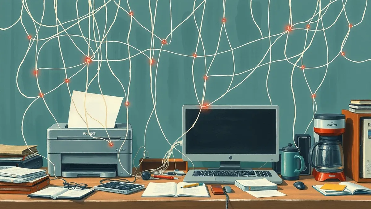 Illustration: A tangled web of thin white threads connects various generic office objects like a printer, a laptop, and a coffee maker on a cluttered desk.