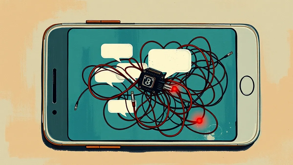 Illustration: A smartphone screen displays a chat interface with abstract message bubbles.