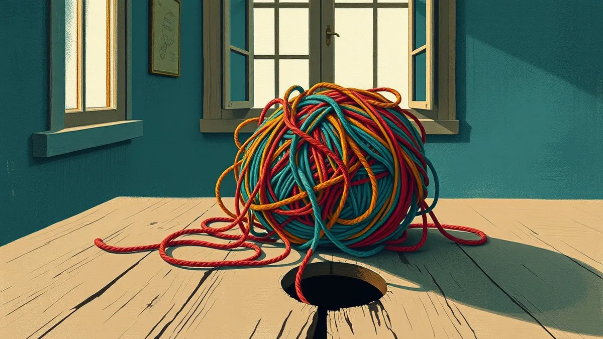 Illustration: A tangled ball of colorful yarn sits on a wooden table, with loose threads spilling out toward an open window.