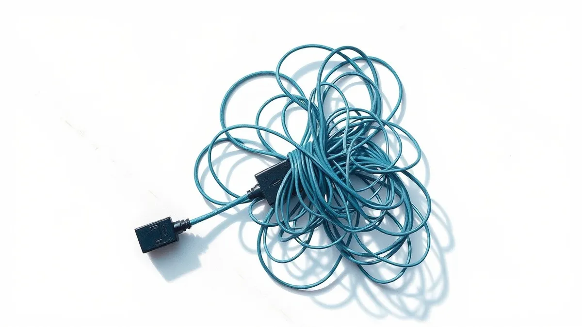Illustration: A tangled knot of thin blue cables rests on a pristine white desk.