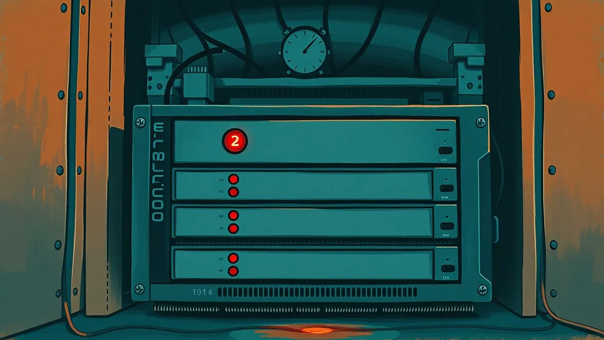 Illustration: A rack-mounted network appliance sits in a dimly lit room, its front panel displaying blank status lights.