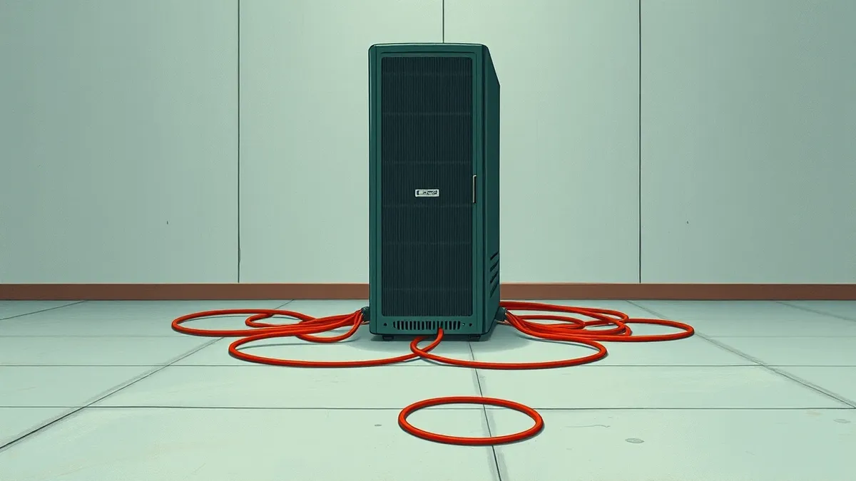 Illustration: A single server tower sits isolated on a concrete floor with all network cables unplugged and trailing on the ground.