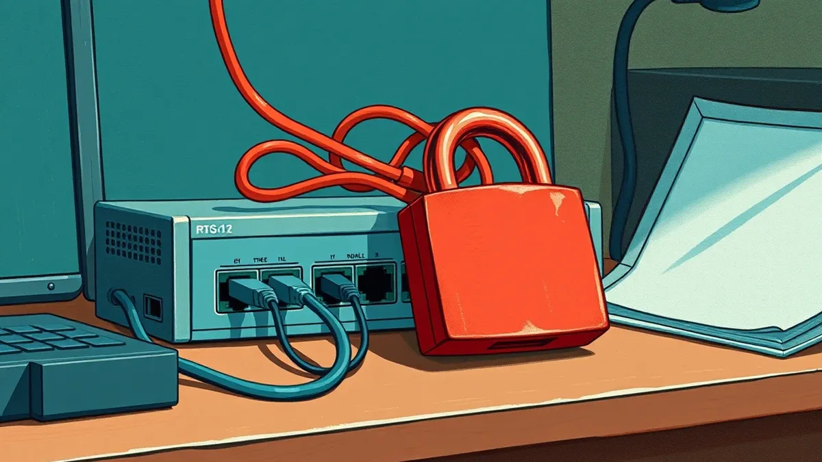 Illustration: A physical network switch sits on a desk with its cables plugged in.