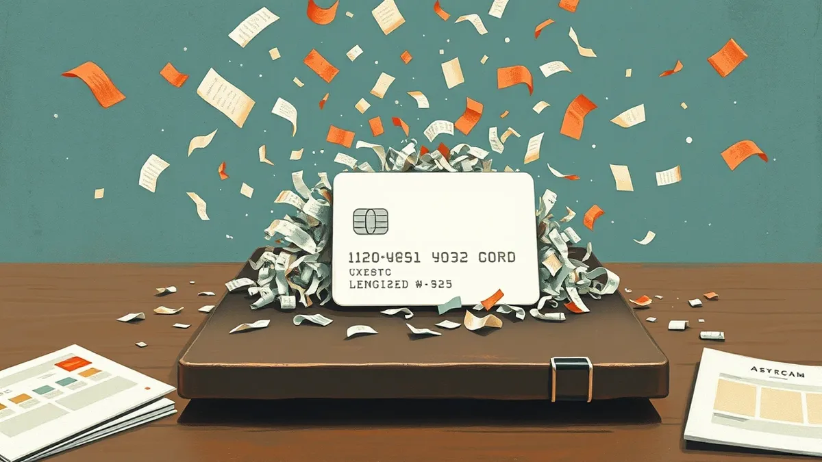 Illustration: A single credit card rests on a table beside a pile of shredded paper.