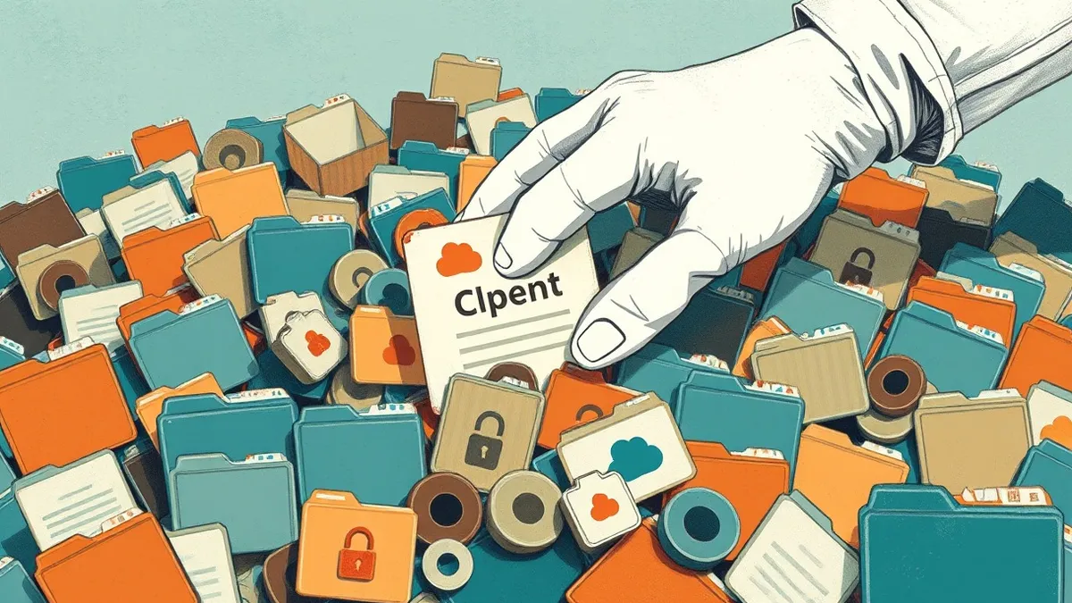 Illustration: A white glove reaches into a chaotic pile of mixed digital file icons, mistakenly sorting a sensitive document with a generic extension into an open, unsecured cloud 