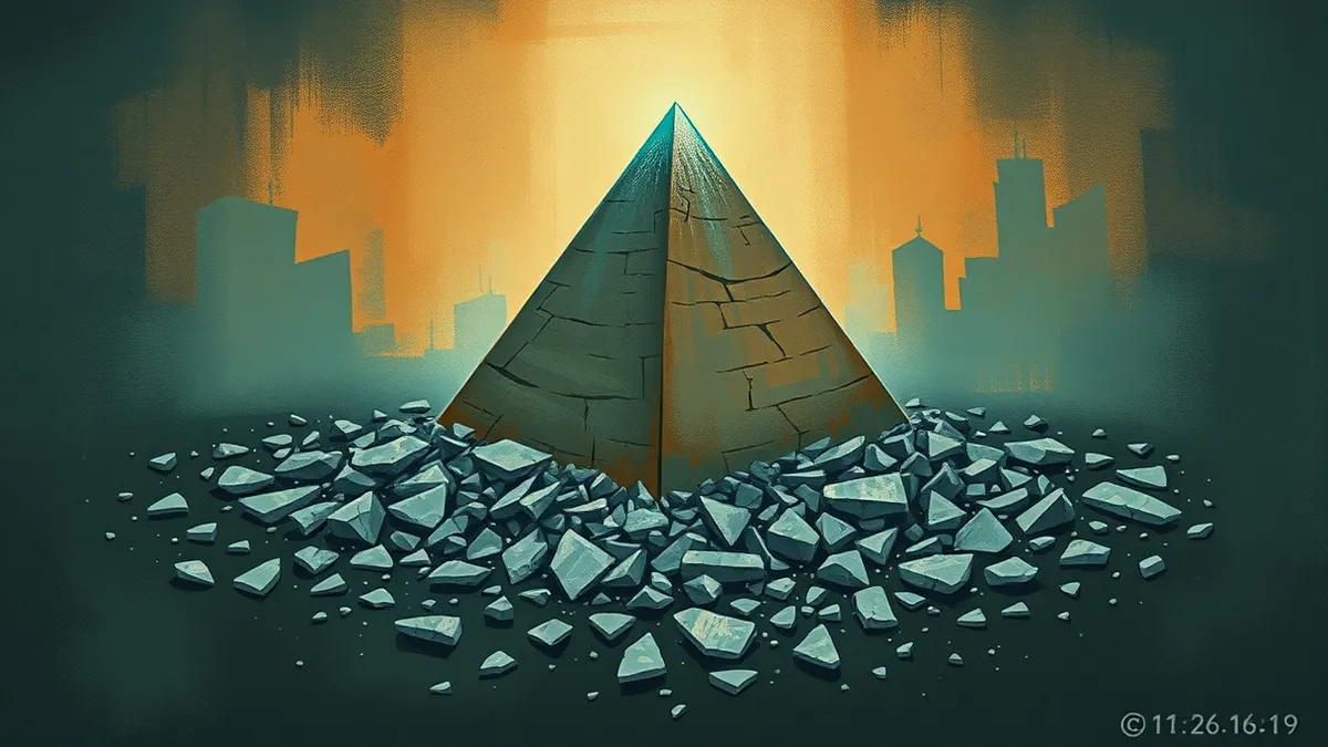 Illustration: A steep, three-dimensional pyramid rests on a dark surface, its wide base made of scattered, fragmented gray shards that crumble easily.
