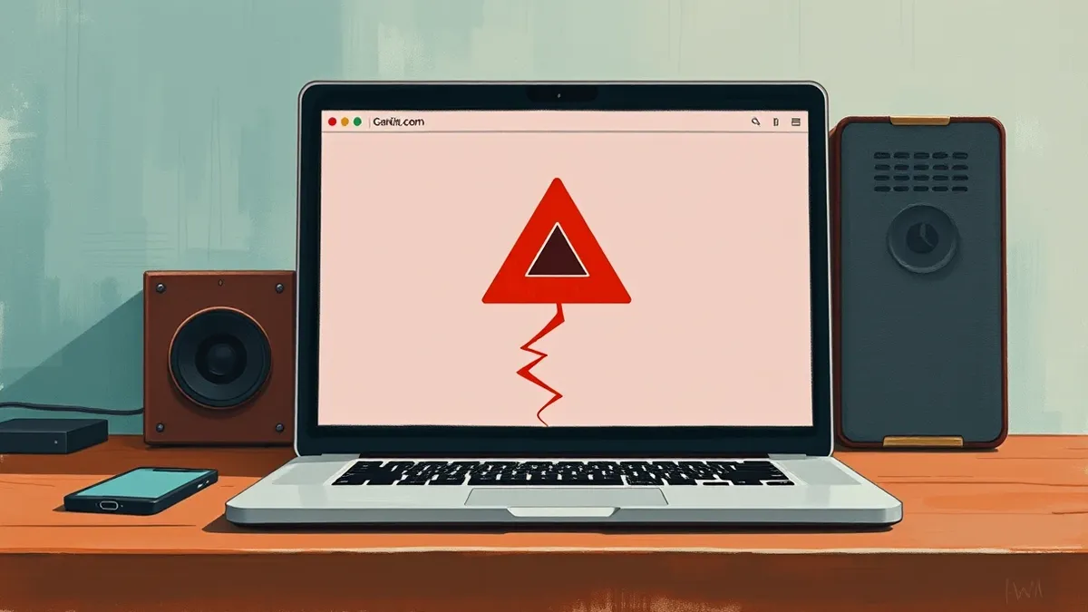 Illustration: A laptop sits on a wooden desk, its screen displaying a blank browser window with an abstract red warning triangle in the center.