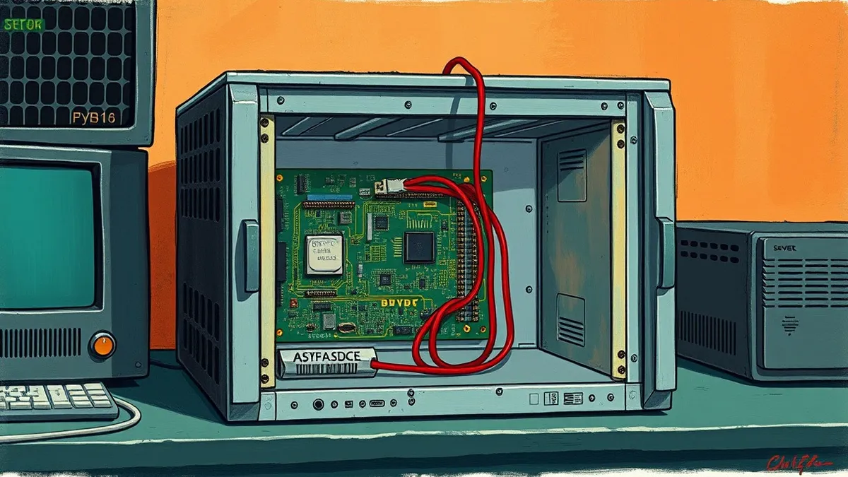 Illustration: A generic server appliance sits exposed on a desk, its rear panel open to reveal a circuit board with visible, unsecured connection ports.