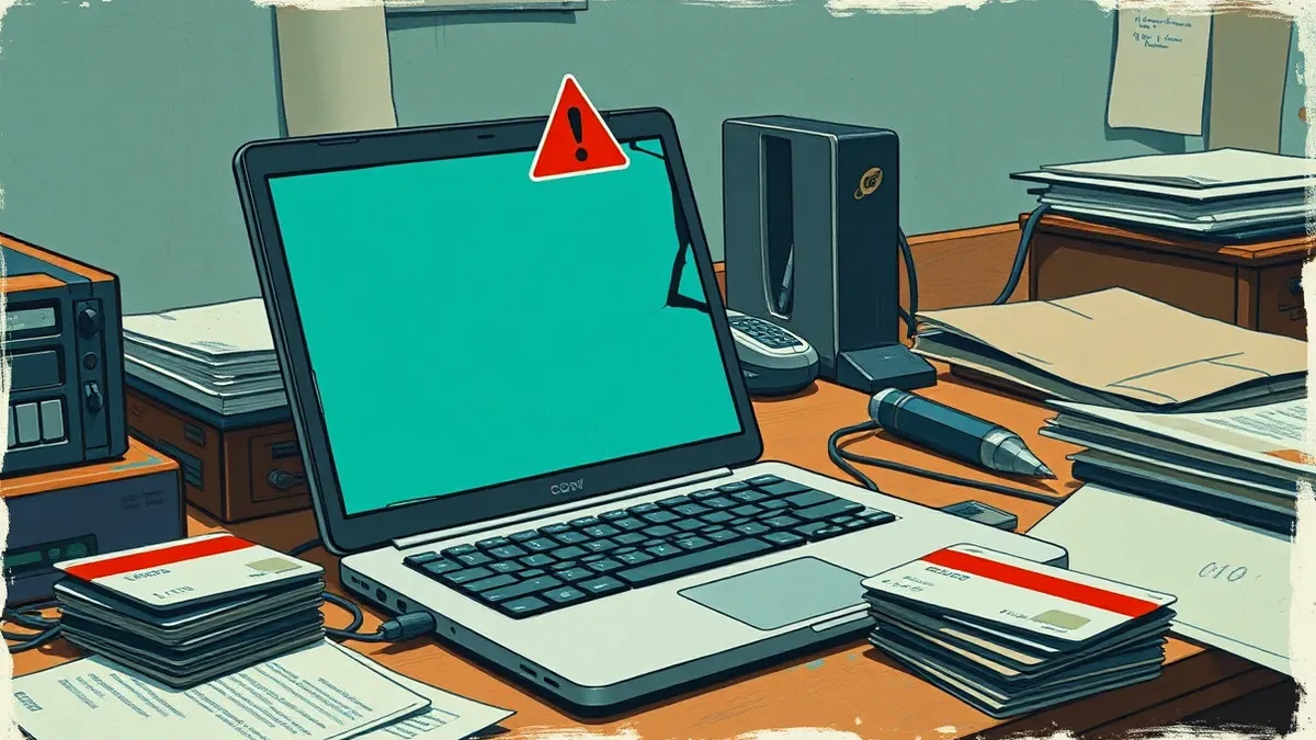 Illustration: A cracked open laptop sits on a messy office desk beside a stack of blank credit cards.