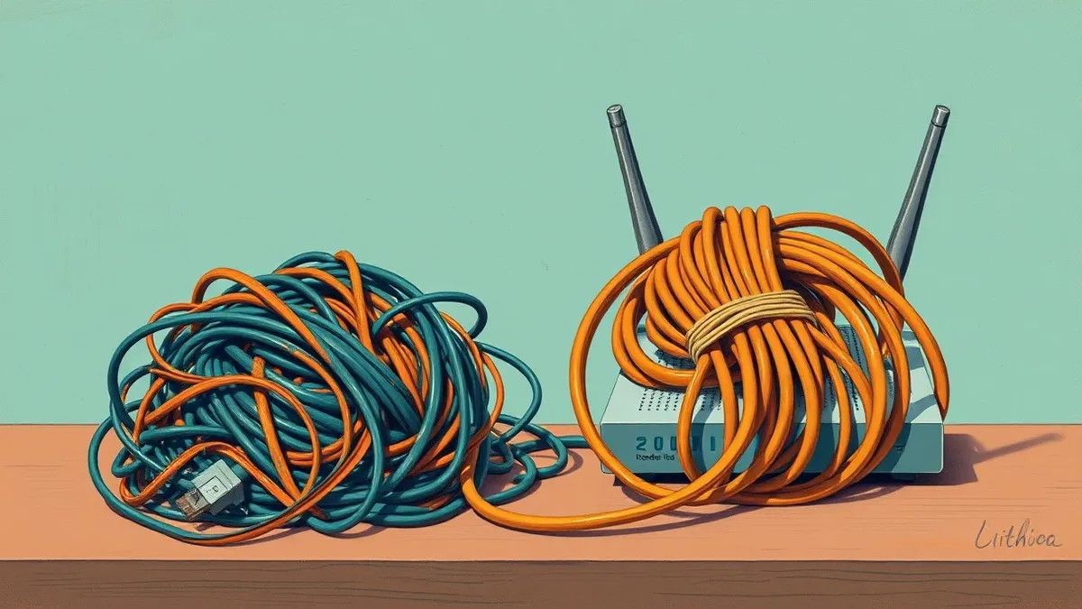 Illustration: A tangled ball of loose cables sits beside a neatly coiled, tightly secured bundle connected to a generic router.