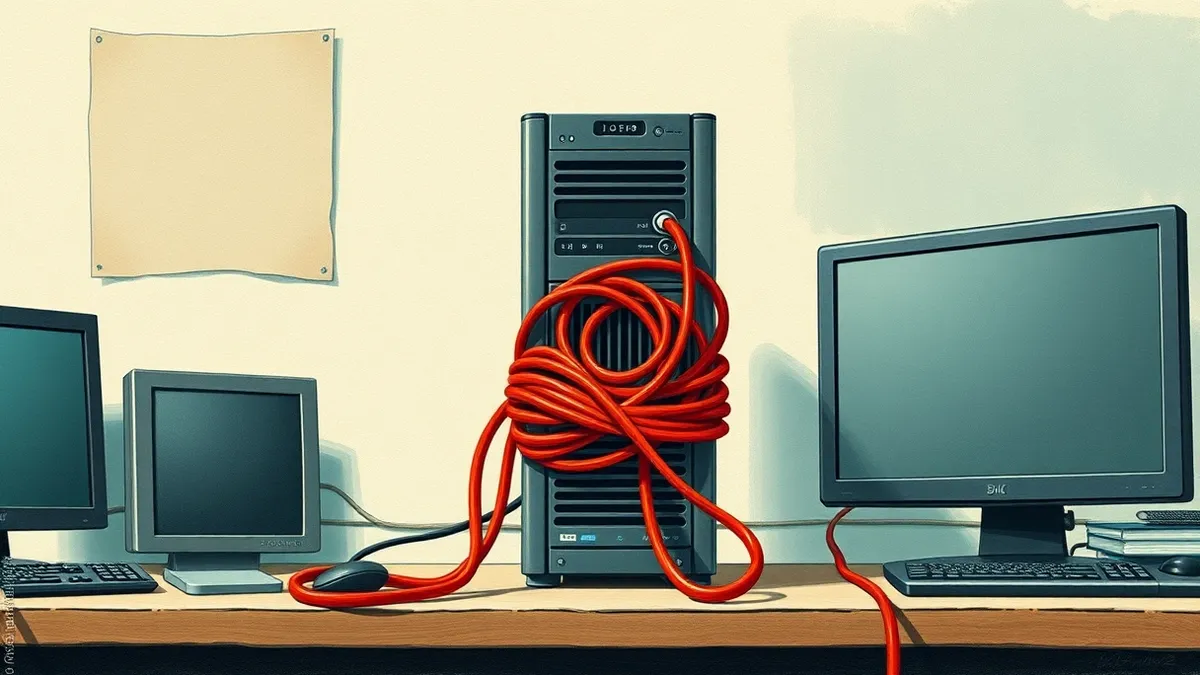 Illustration: A sleek metal server tower sits on a clean desk while a tangled red cable squeezes tightly around its power supply unit.