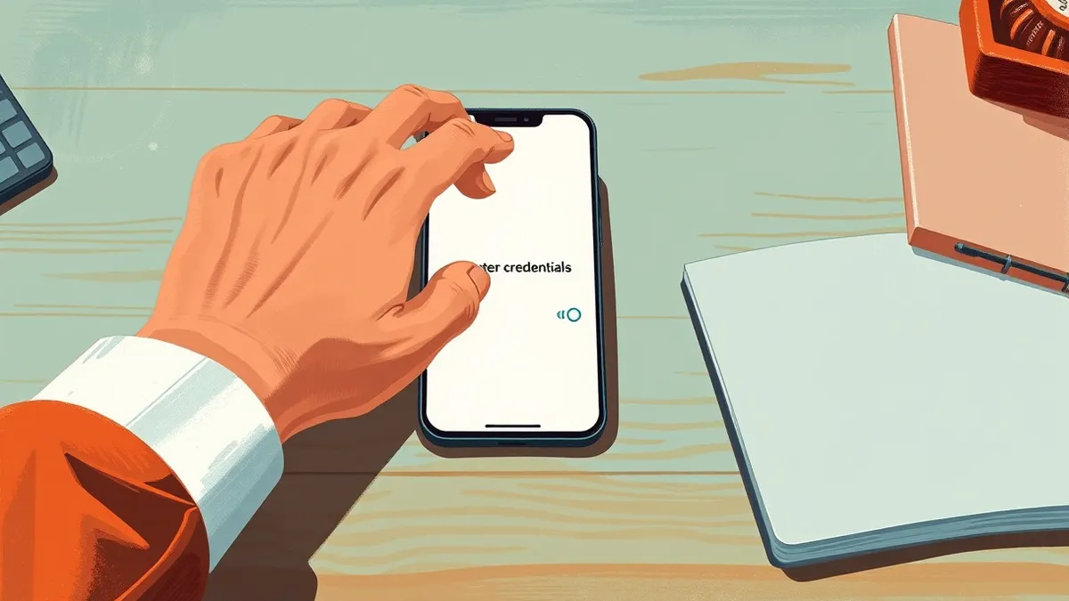Illustration: A hand reaches toward a smartphone resting on a clean wooden desk.