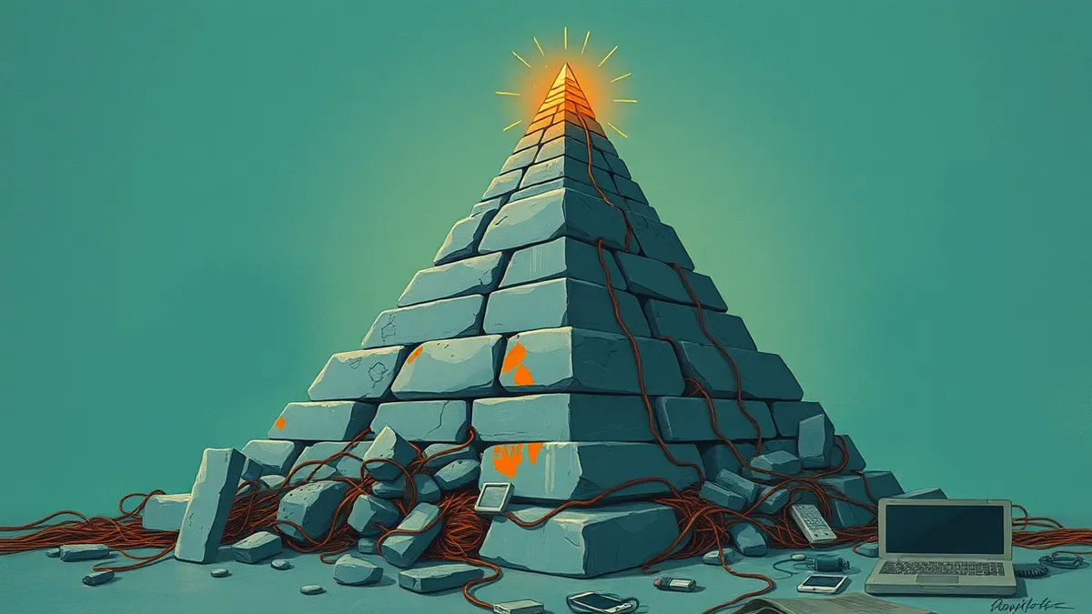 Illustration: A tall, tiered pyramid rises from a solid base of tangled wires and tangled cables.