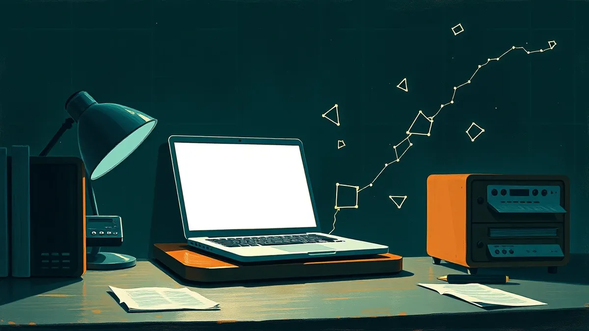 Illustration: A dimly lit office desk holds a silent laptop with a blank screen, while a thin, translucent stream of abstract geometric shapes drifts invisibly from the device into