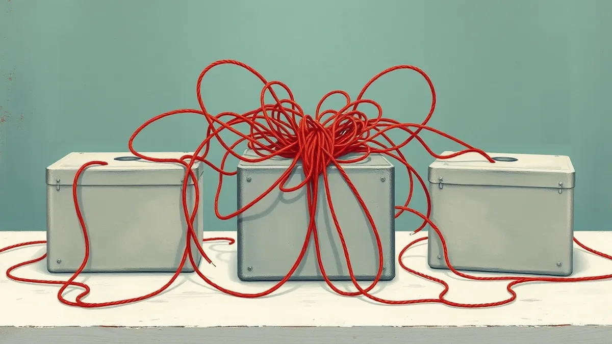 Illustration: A tangled knot of thin red threads connects three separate gray metal boxes on a white desk.