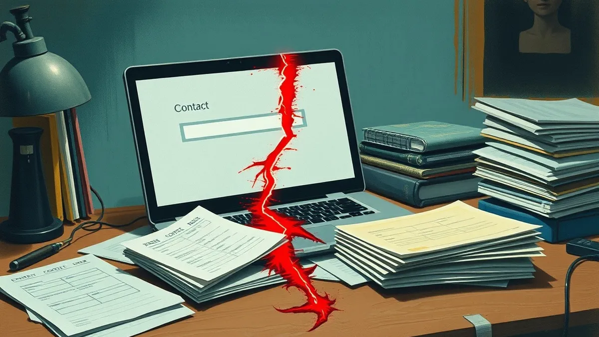 Illustration: A tilted laptop rests on a cluttered desk beside a scattered stack of blank paper forms.