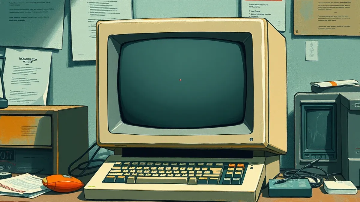 Illustration: A vintage beige minicomputer terminal sits on a cluttered desk, its monochrome screen displaying a blank command prompt interface.