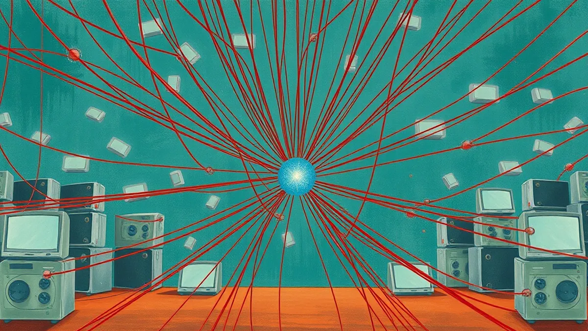 Illustration: A tangled web of thin red threads converges on a single static blue node while numerous empty grey boxes drift away in the background.