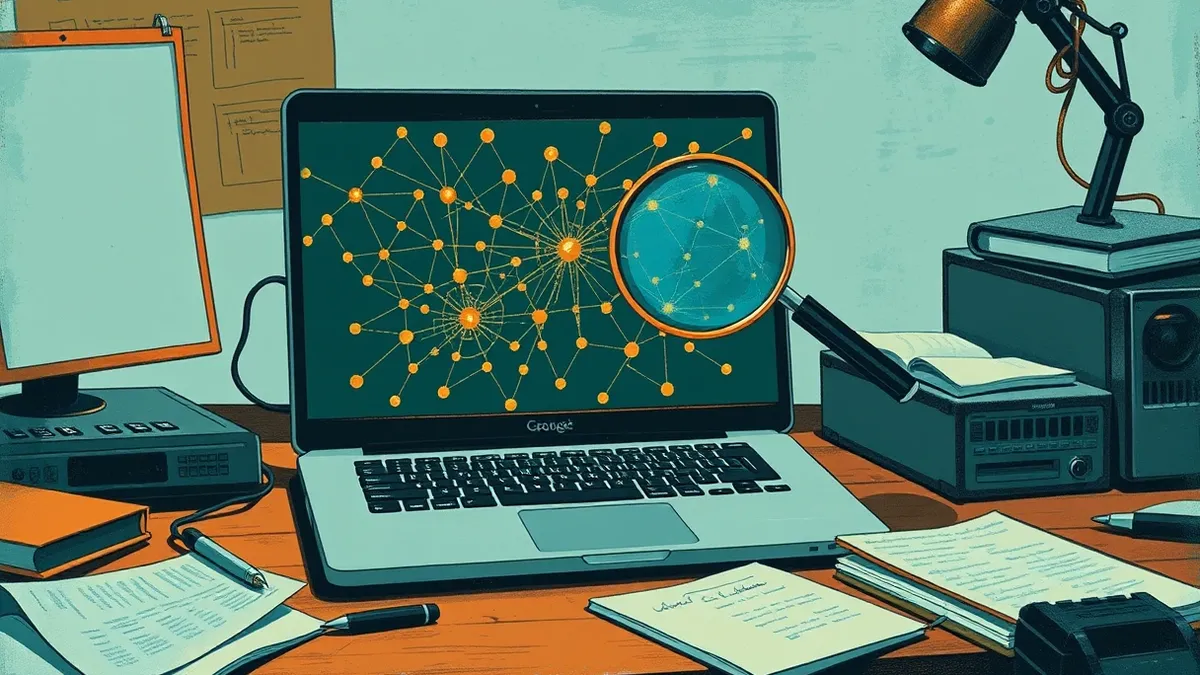 Illustration: A sleek laptop sits on a cluttered desk, its screen displaying a complex network map of interconnected nodes and lines.