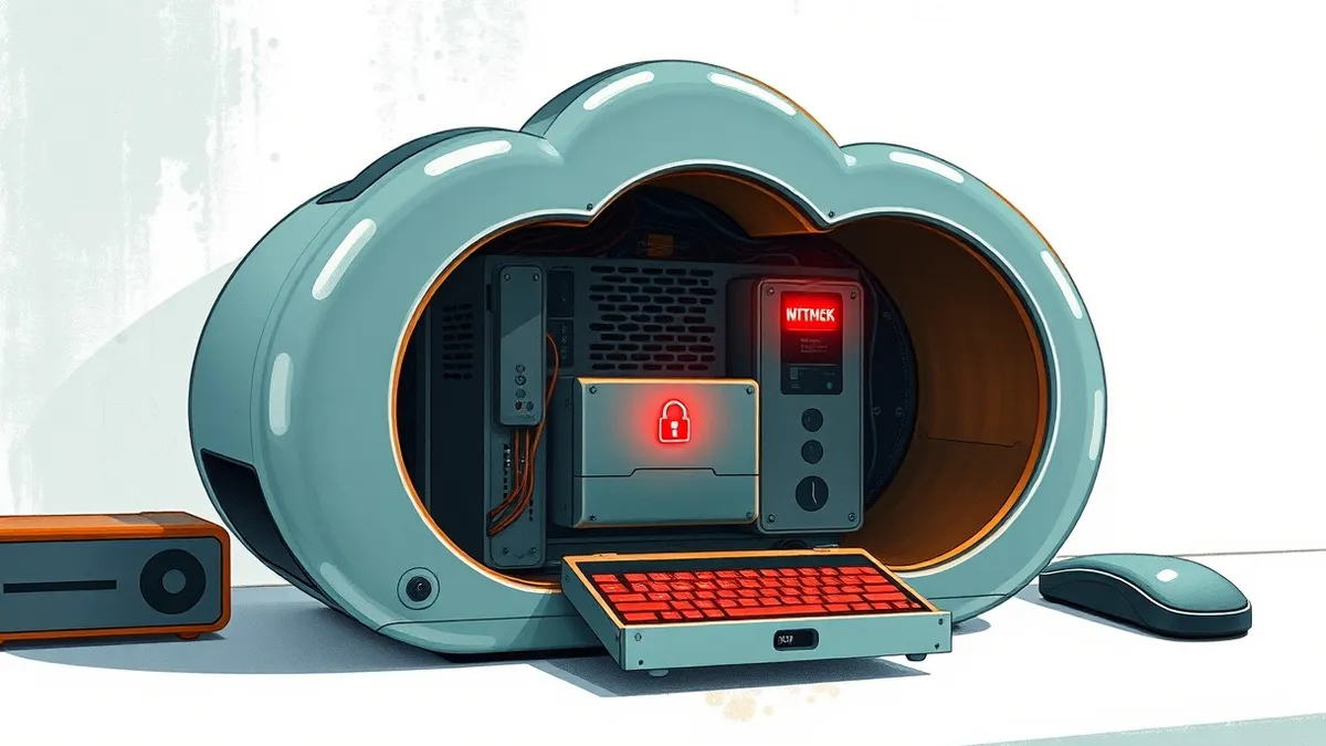 Illustration: A sleek, metallic cloud-shaped server sits on a clean white desk with its protective outer shell partially detached.